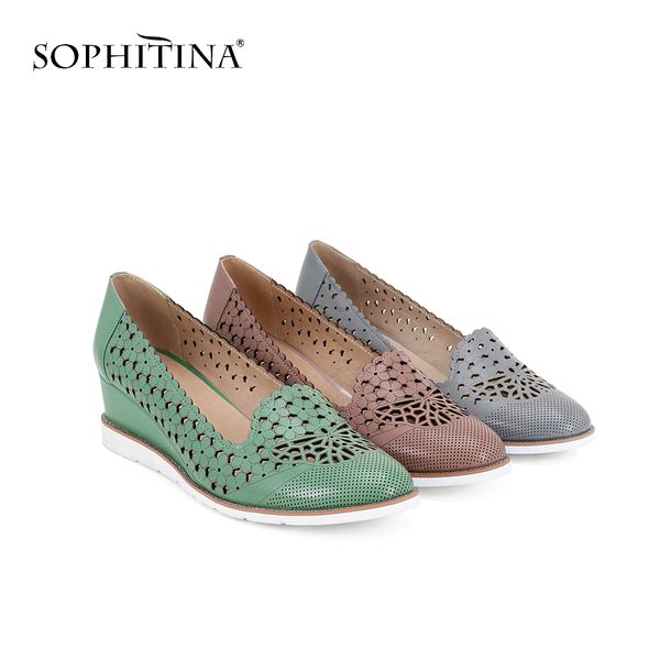 

sophitina women's new pumps high wedges genuine leather hollowing out round toe casual shoes handmade slip-on shallow pumps sc40 c25, Black