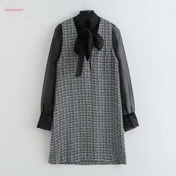 

vintage women bow tie collar patchwork mini dress elegant ladies see through sleeve clothes loose female patchwork tank dress, Black;gray