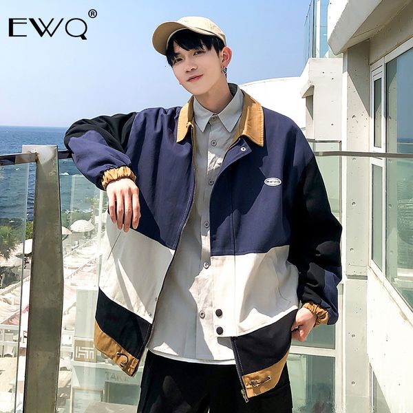 

ewq / 2019 autumn new fashion contrast casual loose turn-down collar jacket men korean drawstring tide college style coat 9a050, Black;brown