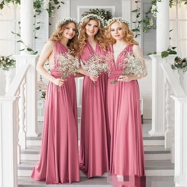 

2020 convertible bridesmaid dresses floor length a line custom made pleats ruched country wedding maid of honor gown formal evening wear, White;pink