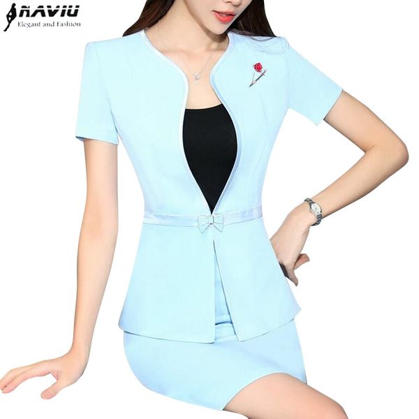 

summer fashion women sky blue skirt suit elegant formal short sleeve slim blazer and skirt office ladies plus size work wear, White;black