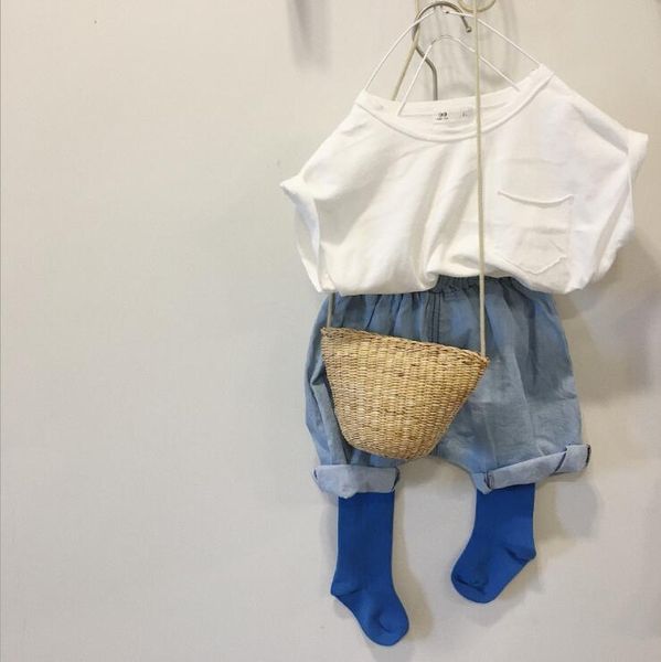 

2020 new girls boys 2 pcs set t-shirt+denim pants cotton fashion kids suit 1-6 years ho377, White