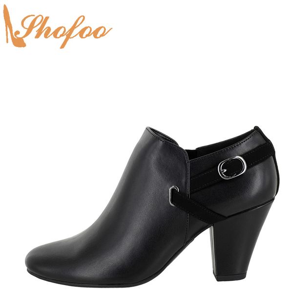 

black high chunky heels ankle boots woman round toe zip booties large size 14 15 ladies winter fashion buckle strap shoes shofoo