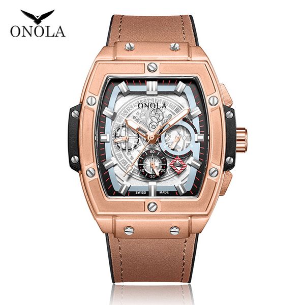 

onola бренд большой площади кварцевые часы человек люминесцентными бочка розовое золото наручные часы мода повседневная мужчины часы relogio, Slivery;brown