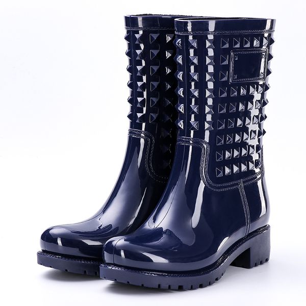 

fashion high barrel rivet rain shoes female anti-slip water boots set shoes rubber shoes pvc rain boots big size 36-42, Black
