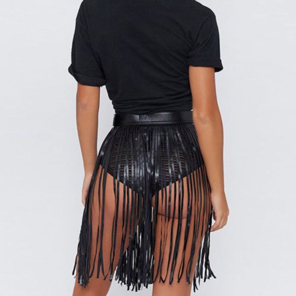 

women ladies clothes skirts pu leather fringe tassel slim high waist party short skirt women, Black