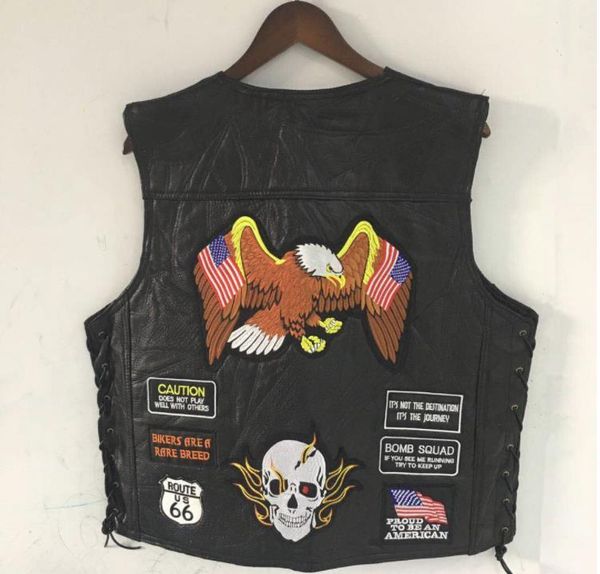 

bonjean mens black leather motorcycle vest w/ 23 patches us flag eagle biker skull laces us size s-4xl, Black;white