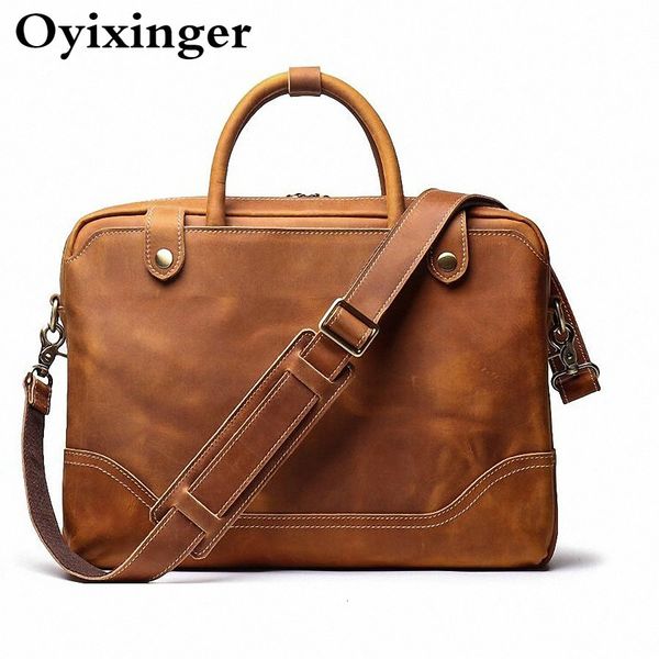 

men business briefcase crazy horse genuine leather handbag male 15.6 inches lapbags bandolera hombre sac homme