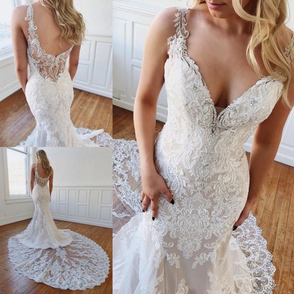 

elegant mermaid lace backless wedding dresses sheer plunging neck beaded bridal gowns court train plus size pearls boho vestido de novia, White