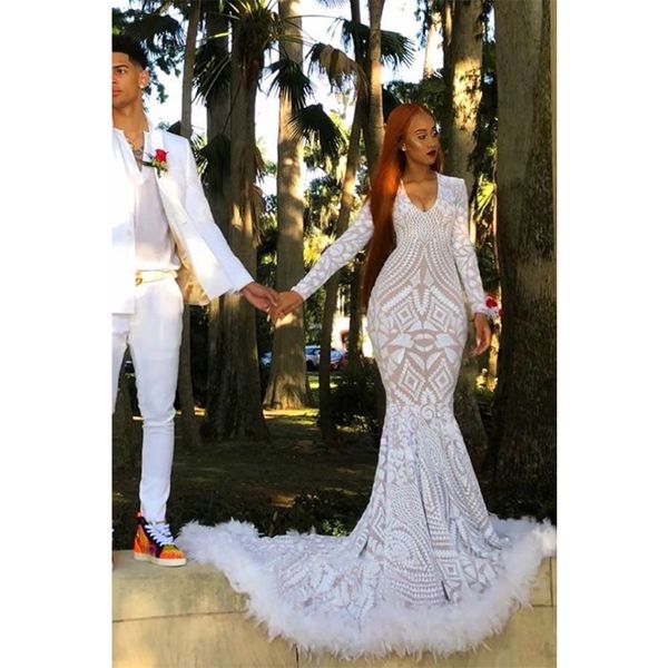 

fashion v-neck long sleeves sequins feather mermaid formal evening dress floor length women long prom gown, White;black