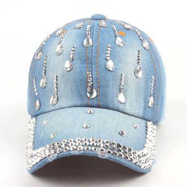 

brand new denim hats fashion leisure woman cap with water drop rhinestones vintage jean cotton baseball caps for men, Black;white
