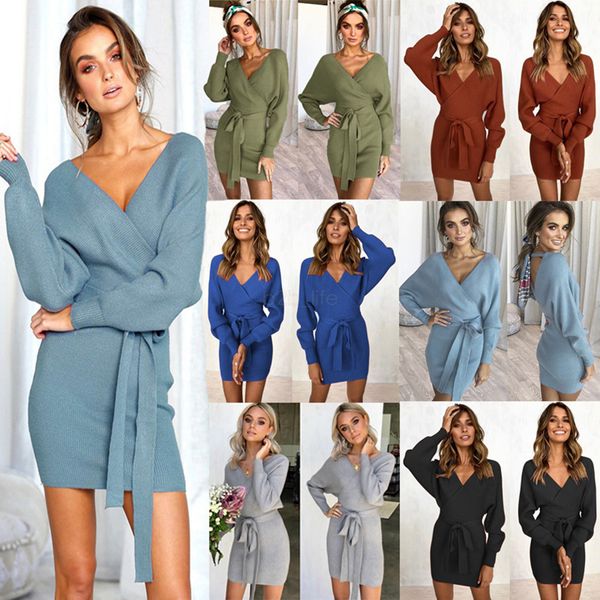 Mulheres Long Sleeve Sweater Dress Sexy V-Neck Bodyon Mini Enrole Vestido de malha Ladies Backless malha vestidos de cocktail com cinto LJJA2686-1