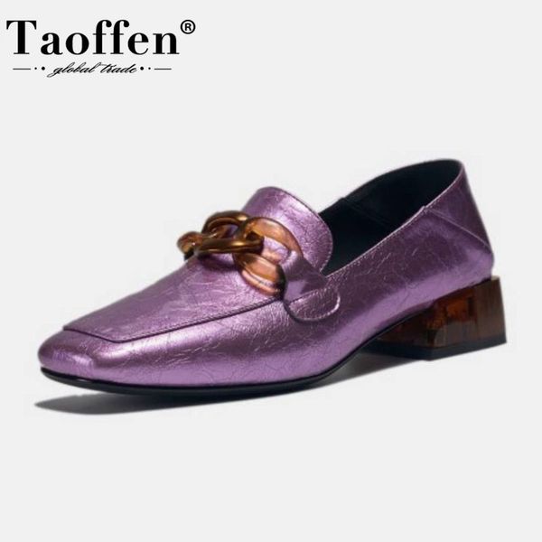 

taoffen women real leather pumps buckle chain fashion thick heel shoes woman office lady casual daily footwear size 34-42, Black