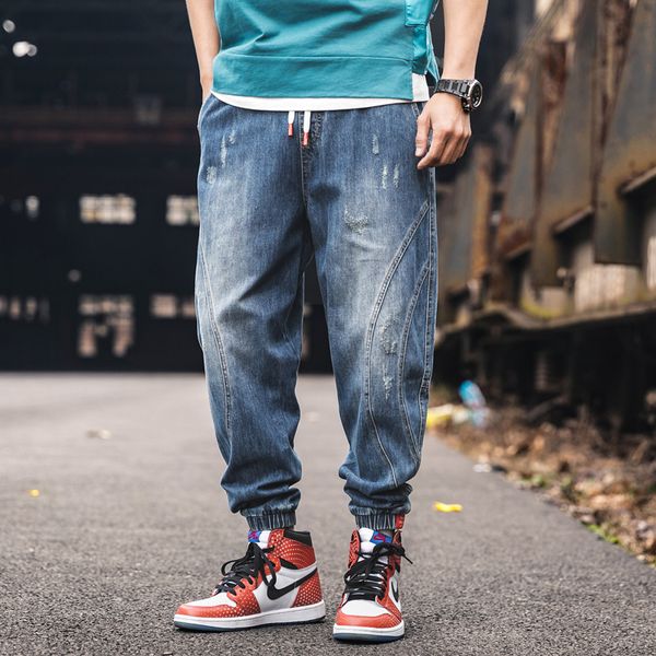 

2019 spring loose men jeans plus size japan style jeans men denim ankle length big pockets trousers 4xl blue