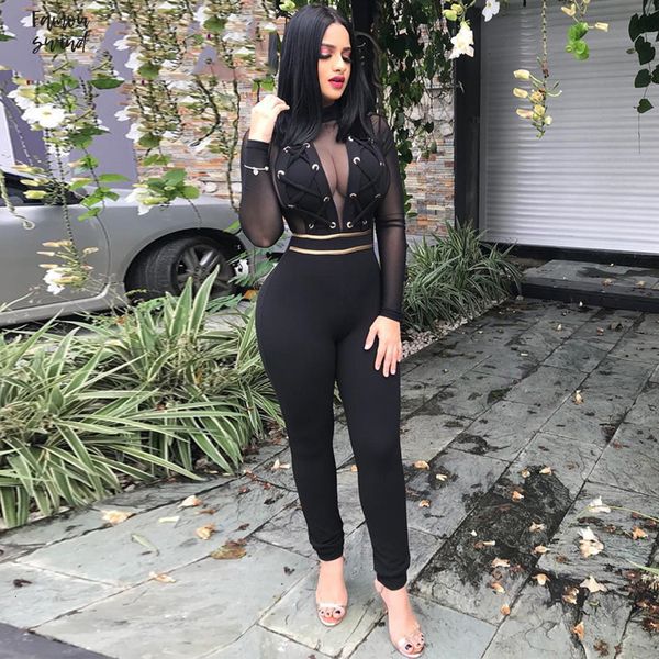 

комбинезон сетка сексуальных женщин 2019 зима с длинным рукавом узелок see through ночной клуб бинты bodycon ромпер drop доставка, Black;white