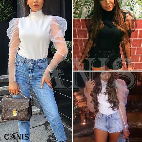 2019 Summer Autumn Womens Sheer Mesh Patchwork Crop Top Ladies