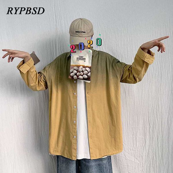 

корейские крупногабаритные рубашки мужчина ретро harajuku gradient tie-dye красивых лоскутная рубашка мужских женщины печать с длинным рукав, White;black