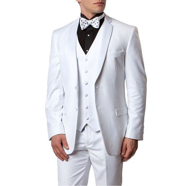 2019 İlkbahar Yaz Beyaz Erkekler Düğün Damat Smokin 3 Parça 2 Düğmeler Groomsmen Suit (Ceket + Yelek + Pantolon) Plaj Düğün Suit