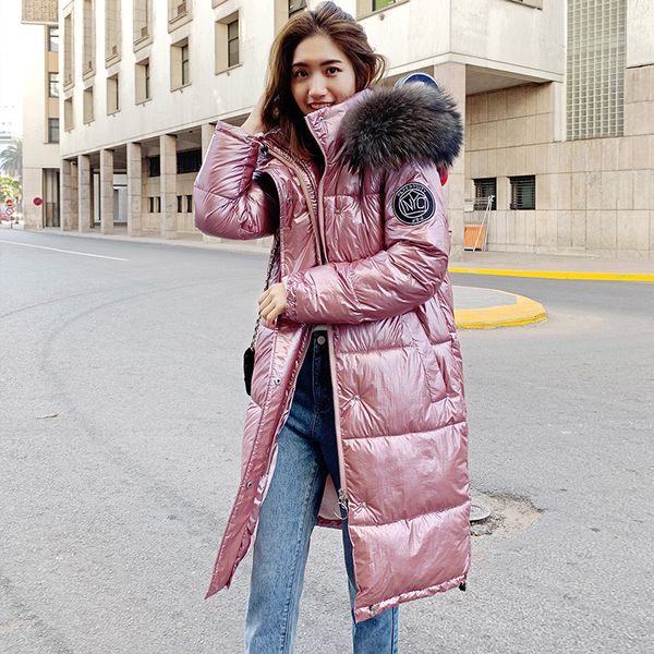 

2019 new winter jacket women warm thicken hooded with fur long coat shining fabric stylish female parka, Black