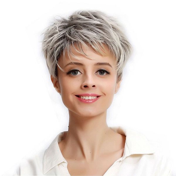Mid Aged And Old Women S Wig Short Curly Hair Grey White Gradient