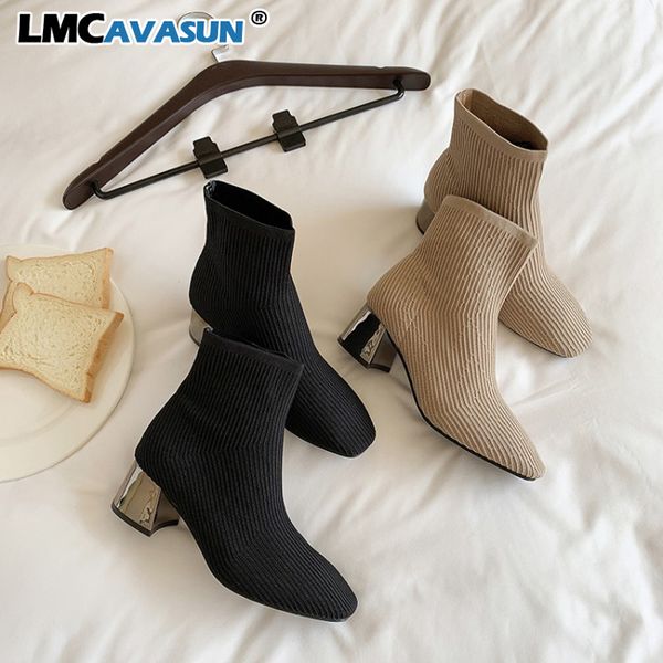 

lmcavasun sprin autumn 2020 korea stretch knitting high heel sock boots women design boots ankle for women, Black