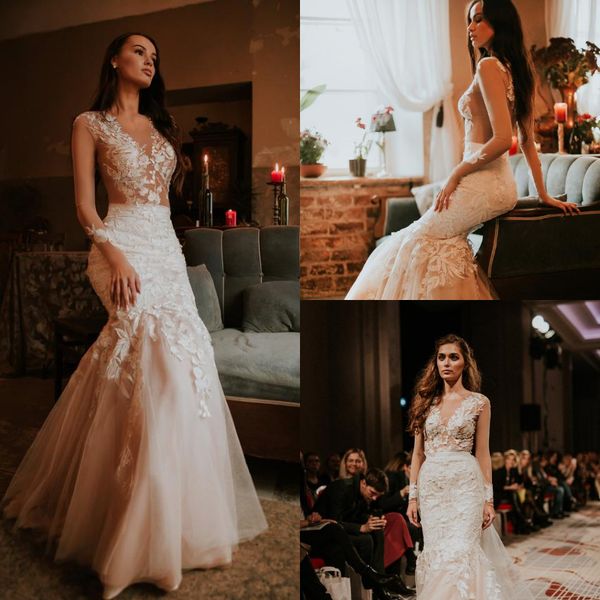 

romantic mermaid see through wedding dresses v neck long sleeves fishtail appliques flower floral wedding dresses bridal gowns runway dress, White