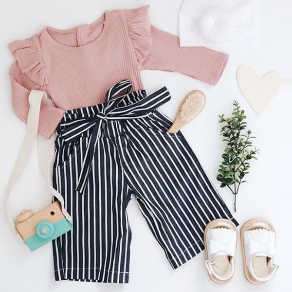 

children clothing 2019 autumn winter toddler girl clothes kids baby outfits clothes romper bodysuit+stripe long pants set #d, White