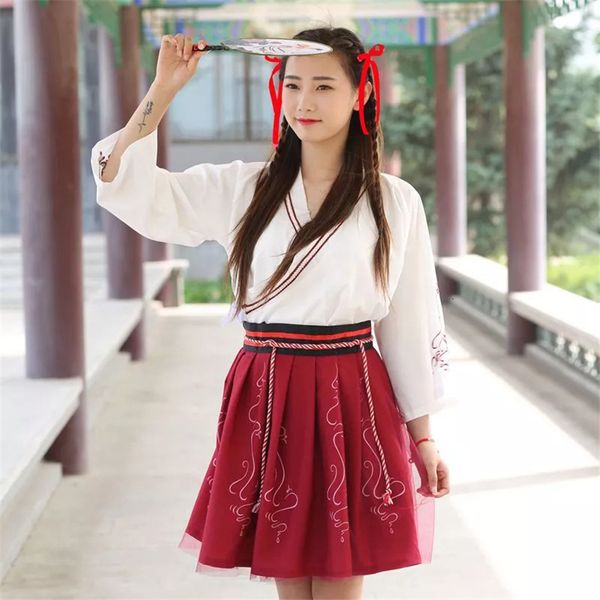 

summer woman japanese traditional dress embroidery ancient fashion kimono girls japanese style clothes outfits lace up skirt, Blue