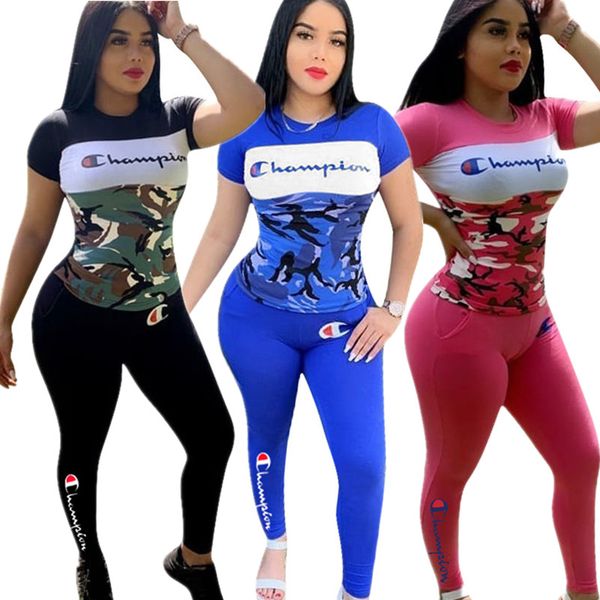 

champion letter women designer tracksuits camo t shirts + pants two pieces outfits set patchwork camouflage leggings sportswear c71501, White