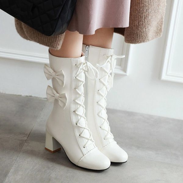 

pxelena lolita princess women mid calf boots sweet lace up bow tie chunky block high heel bride wedding shoes white pink cosplay, Black