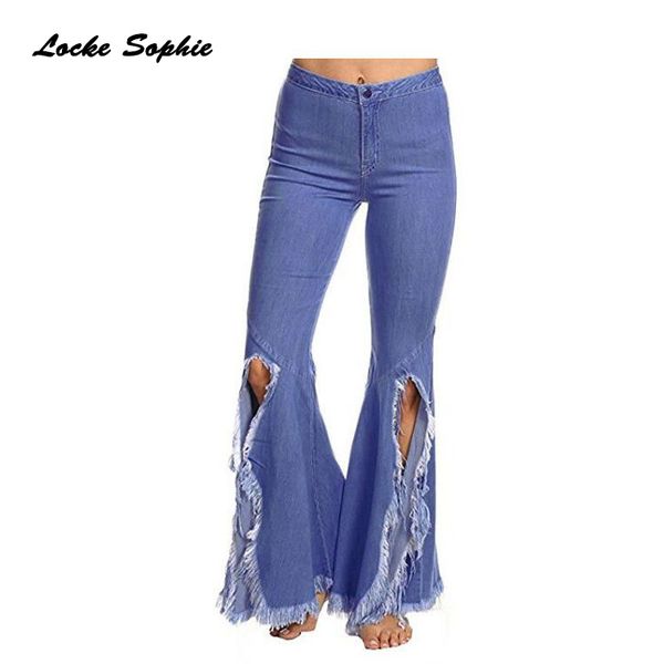 

1pcs high waist womens plus size flare jeans 2019 summer cotton blend hole jeans ladies skinny retro bell-bottoms denim pants, Blue