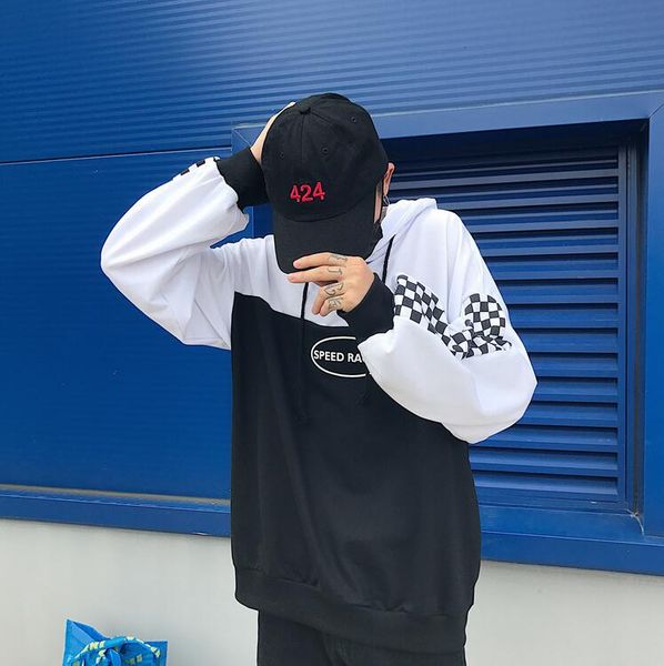 

2018 plaid patchwork letters print long sleeve hooded sweatshirt, Black