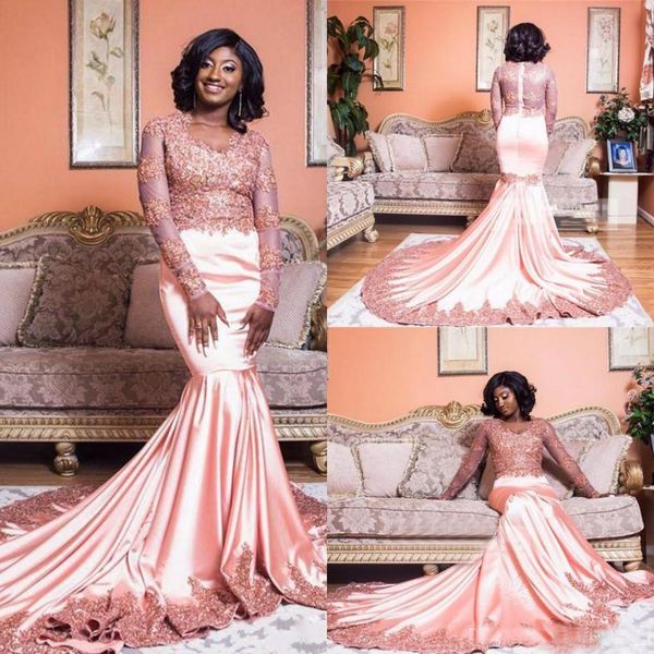 

2018 gorgeous pink lace mermaid prom dresses sheer long sleeves appliqued sweep train formal arabic evening wear party gowns, Black