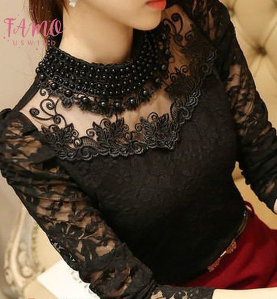 

plus size lace chiffon regular autumn women blouses shirts lace blouse long sleeve casual shirt beaded blusas women clothing, White