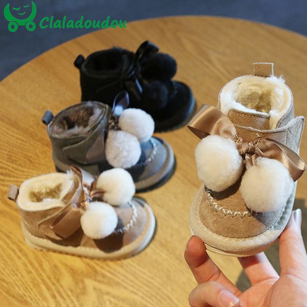 

claladoudou 12-14cm brand genuine leather baby snow boots khaki black gray cute pompom bow tie princess dress shoes for winter, Black;grey