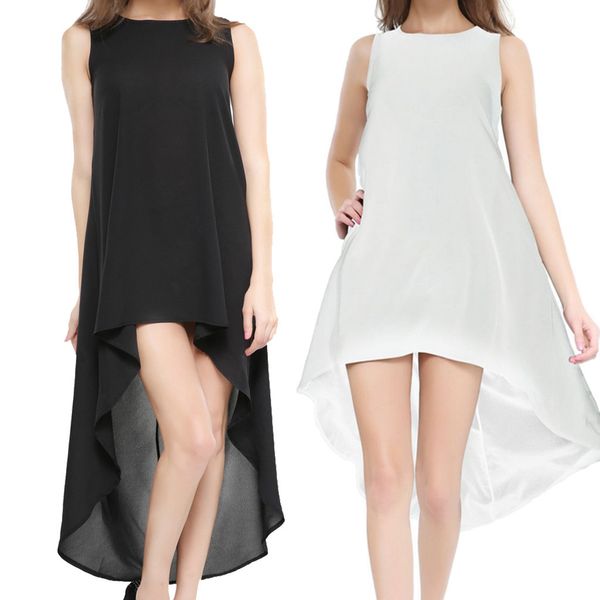 

summer dress 2019 fashion women sleeveless solid chiffon casual o-neck irregular dress vintage vestidos robe femme, Black;gray