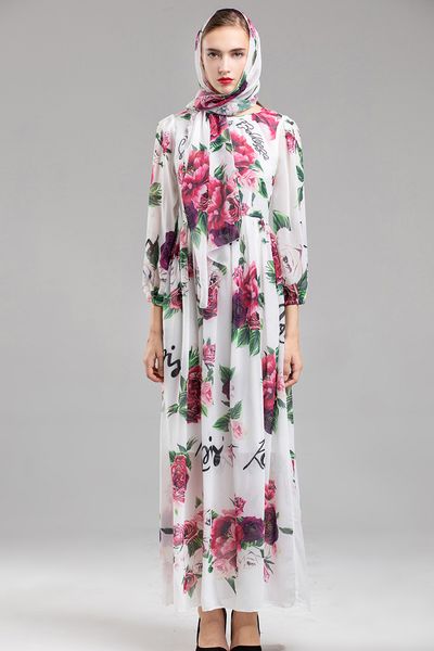 

2018 autumn winter women's runway dresses o neck long sleeves roses printed sash belt floral casual long elegant dresses, Black