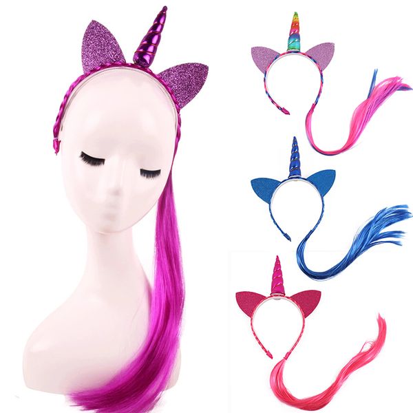 

nishine rainbow color ponytail unicorn horn headbands glitter ears kids girls princess braid wig hairbands hair accessories, Slivery;white