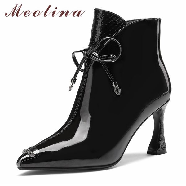 

meotina autumn ankle boots women natural genuine leather kitten high heel short boots zip pointed toe shoes ladies fall size 39, Black