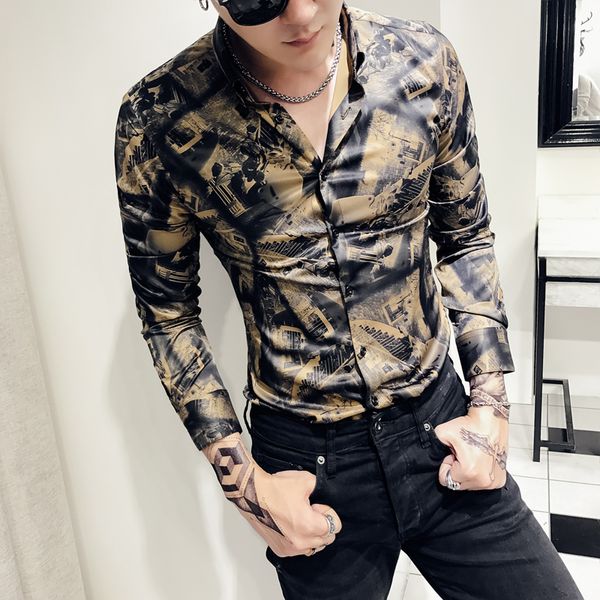

mens designer pattern gold shirt club p men spring autumn mens fancy shirts floral club party prom dj shirt men slim fit, White;black