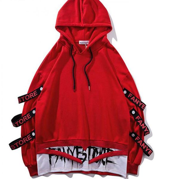 

2019 hoodies men fake 2 pieces ribbons hooded high street pullover sweatshirt men fashion hip hop streetwear hoodie autumn, Black