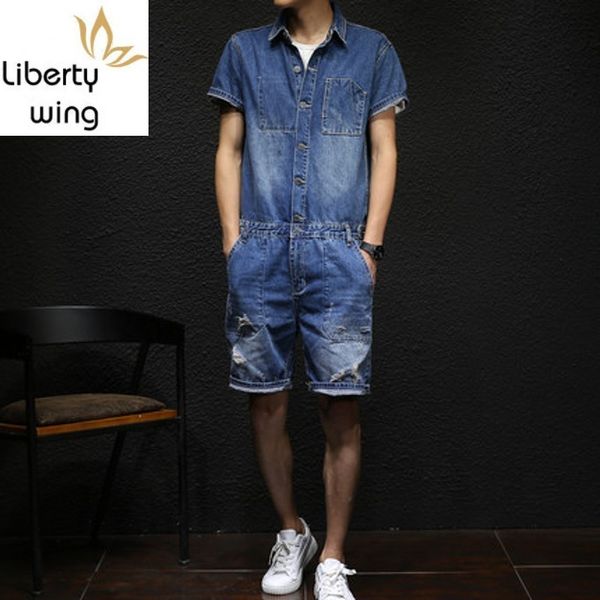 

mens overalls summer fashion streetwaer vintage knee length calca masculina short sleeve botton print casual clothes men, Blue