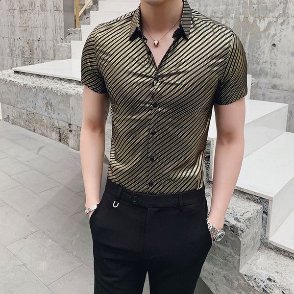 

2019 casual striped print business work shirt men summer new men shirt short sleeve brand clothes slim fit chemise homme, White;black