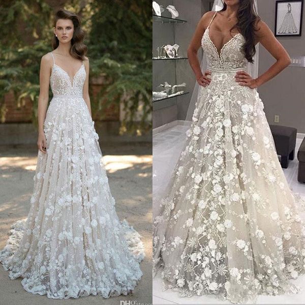 

berta 2020 wedding dresses spaghetti neck beads 3d-floral appliques lace backless bridal gowns crystal sweep train real image bride dress, White