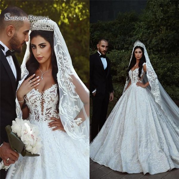 

2019 ball gown wedding dresses sheer straps illusion bodice appliques backless bridal dresses cathedral train, Black