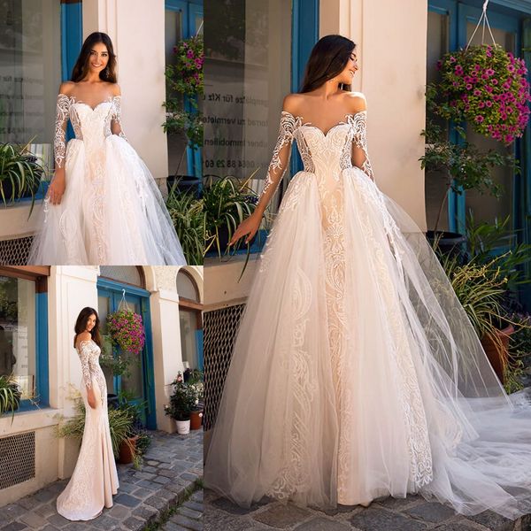 

milla nova mermaid wedding dresses detachable skirt off shoulder lace bridal gowns long sleeves backless beach wedding dress plus size, White