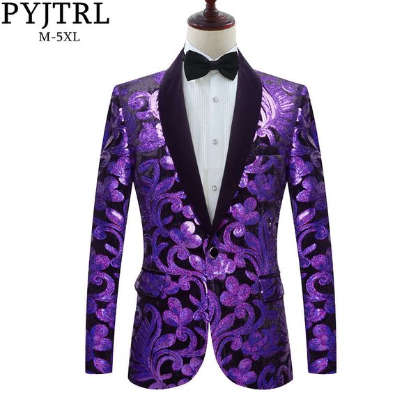 

pyjtrl men plus size purple black velvet floral sequins blazers wedding prom stage dj club singers suit jacket slim fit costume, White;black