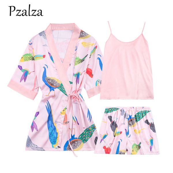 

fashion printed animal birds robe set ladies sleepwear 3 pcs strap+robe+short pajama summer satin pajamas female lingerie, Black;red