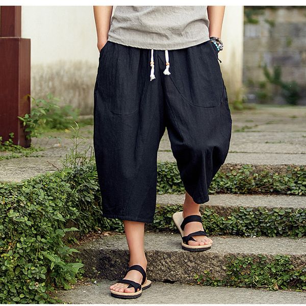 

man linen cropped cross pants men casual wide legged streetwear bloomers summer 2019 male traditional nepal trousers, Black