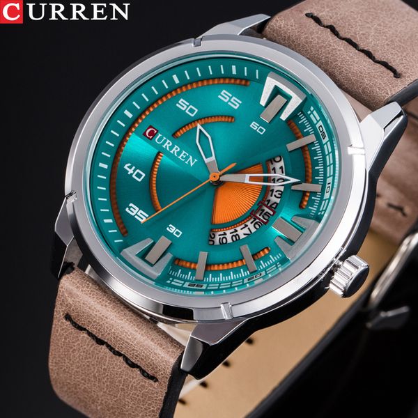 

curren young vogue design wrist watch fashion creative dial quartz men watches leather strap male clock montre homme, Slivery;brown